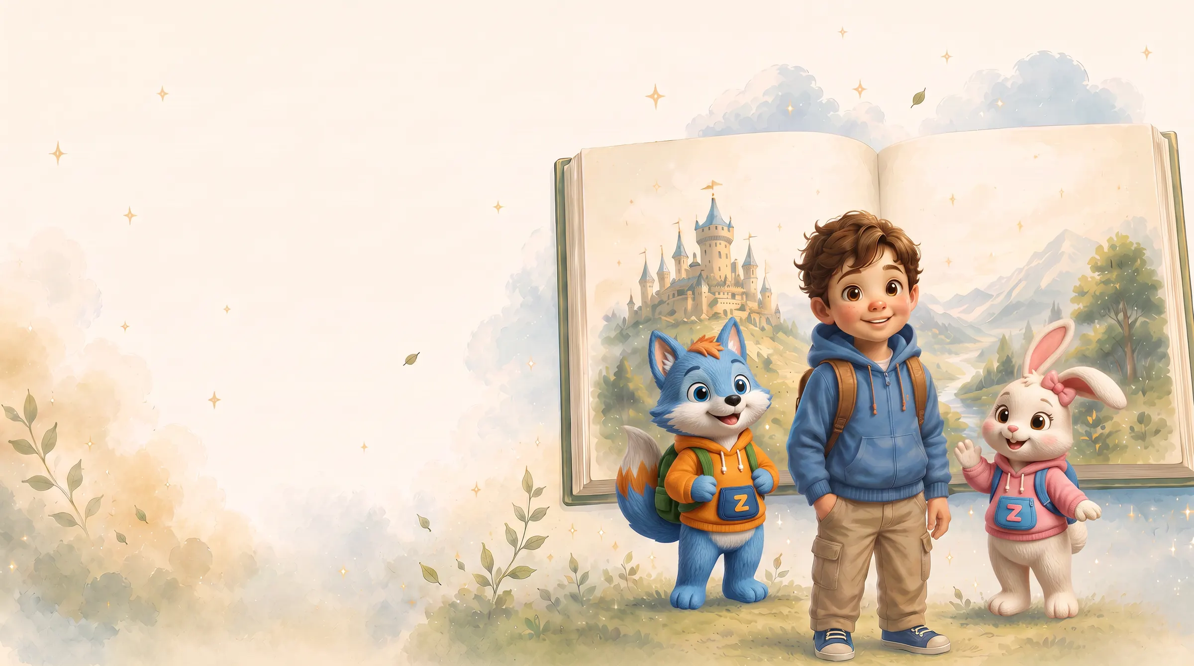 A child and their storybook friends stepping out of an open picture book